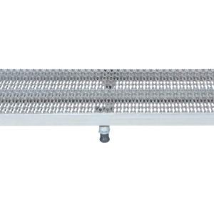 The Vestil Adj Alum Work Stand 5.75-7.75 H 23.62X72.12 features a grated metal platform on four black wheels, providing mobility and traction through small diamond-shaped openings, ideal for an industrial look suited for various tasks.