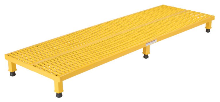 The Vestil Adj Work Mate Stand 6.75-8.75 H 23.5X72.31 is a rectangular platform with a grated yellow metal surface and four legs with black rubber feet, adjustable from 6.75 to 8.75 inches, offering an elevated, stable work surface for industrial use at dimensions of 23.5 by 72.31 inches.