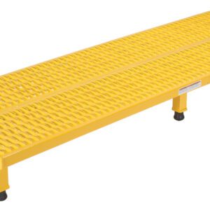 The Vestil Adj Work Mate Stand 6.75-8.75 H 23.5X72.31 is a rectangular platform with a grated yellow metal surface and four legs with black rubber feet, adjustable from 6.75 to 8.75 inches, offering an elevated, stable work surface for industrial use at dimensions of 23.5 by 72.31 inches.