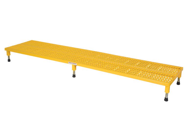 The Vestil Adj Work Mate Stand 6.75-8.75 H 23.5X97 has a yellow metal grated platform and adjustable black feet for drainage and airflow, supported by four sturdy legs for stability.