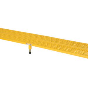 The Vestil Adj Work Mate Stand 6.75-8.75 H 23.5X97 has a yellow metal grated platform and adjustable black feet for drainage and airflow, supported by four sturdy legs for stability.