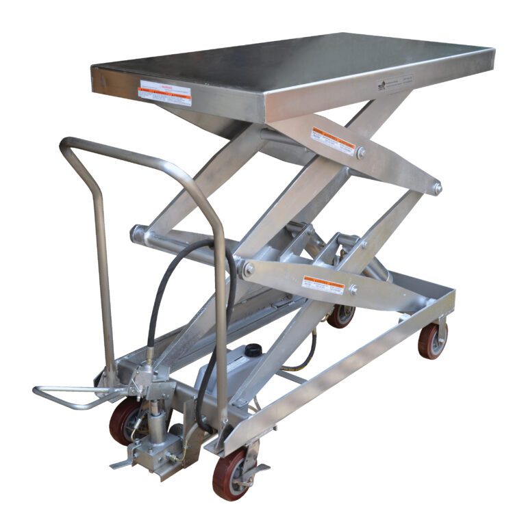 AIR-1500-D-PSS_A.jpg The Vestil Air Ss Cart 1500 Lb 24 X 47.5 is a sturdy stainless steel lift table with a hydraulic mechanism, accommodating up to 1500 lbs. It includes four wheels for easy movement and a handle for smooth manual operation.