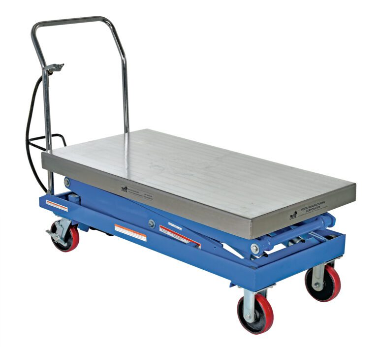 AIR-1500-D_A.jpg The Vestil Air Steel Cart 1500 Lb 24 X 47.5 features a blue hydraulic lift with a rectangular stainless steel platform, red wheels, and black side cables. It has a maneuverable handle and can support up to 1500 lbs, making it perfect for easy lifting and transport of heavy items.