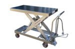 The Vestil Air SS Cart 1750 lb 20 x 39.5 features a stainless steel scissor lift table with a flat top and hydraulic foot pedal, supports up to 1750 lbs, measures 20 x 39.5 inches, and has four wheels for easy mobility in industrial settings.