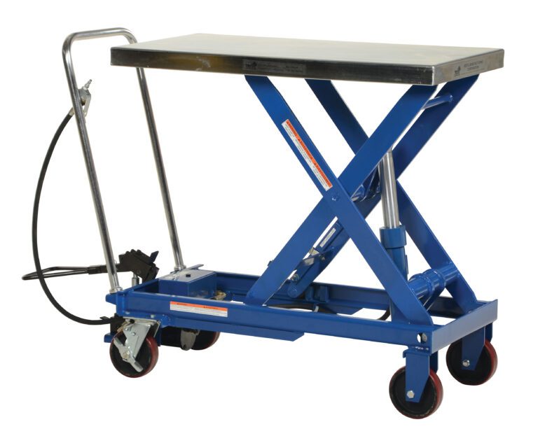 AIR-1750_A.jpg The Vestil Air Steel Cart 1750 Lb 20 x 39.5 is a blue hydraulic scissor lift table with a metal top, four red caster wheels, a handle and foot pedal for maneuverability, and can hold up to 1,750 lbs in its lowered position.
