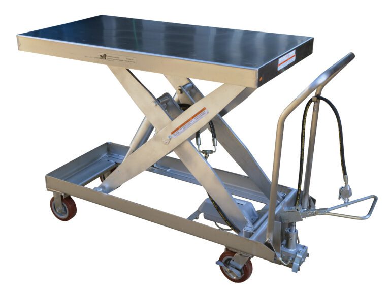 The Vestil Air SS Cart 2000 lb 24 x 47.25 is a strong scissor lift table with a flat surface, hydraulic foot pump, silver frame, and black platform. It can hold up to 2000 lbs and features four wheels for easy mobility.