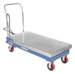 The Vestil Air Steel Cart 2000 Lb 24 X 47.25 features a sturdy blue platform with a metal handle and red wheels. Designed for heavy-duty transport, it includes a hydraulic lift at the rear and locking wheels for stability, making it ideal for tough jobs.