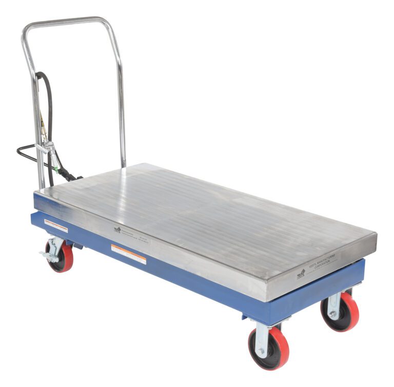 AIR-2000_A.jpg The Vestil Air Steel Cart 2000 Lb 24 X 47.25 features a sturdy blue platform with a metal handle and red wheels. Designed for heavy-duty transport, it includes a hydraulic lift at the rear and locking wheels for stability, making it ideal for tough jobs.