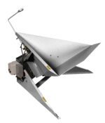 The Vestil Hand Lever Air Corner Tilter Ss 1.5K Lb is a silver metal hopper with a funnel shape, mounted on a mechanism for precise control with an integrated control box, designed to process up to 1.5K lbs in industrial settings efficiently.