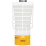 This Rubbermaid® Continuous Air Freshener Refill (Citrus) comes in a 6/Case pack, featuring a white plastic grid design with a yellow label, offering a refreshing 48 ml TCELL citrus fragrance.
