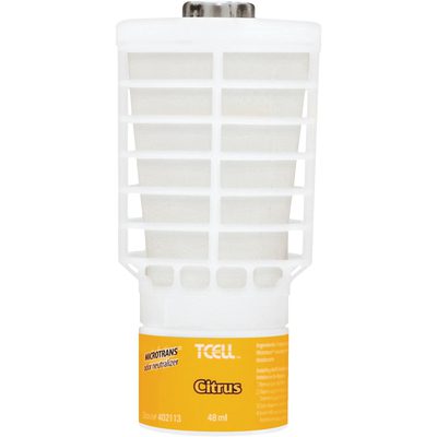 AIRF510.jpg This Rubbermaid® Continuous Air Freshener Refill (Citrus) comes in a 6/Case pack, featuring a white plastic grid design with a yellow label, offering a refreshing 48 ml TCELL citrus fragrance.