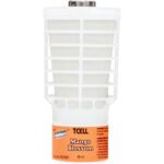 The Rubbermaid® Continuous Air Freshener Refill - Mango (6/Case) features a 48 ml TCell in a white grid casing, with Mango Blossom elegantly printed in black on an orange background.