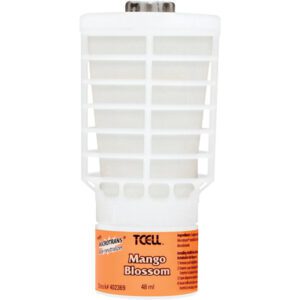 The Rubbermaid® Continuous Air Freshener Refill - Mango (6/Case) features a 48 ml TCell in a white grid casing, with Mango Blossom elegantly printed in black on an orange background.