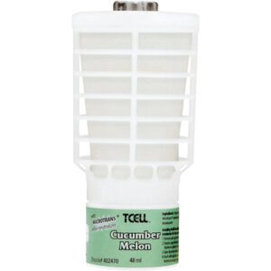 The Rubbermaid® Continuous Air Freshener Refill - Cucumber Melon (6/Case) features a sleek white slatted plastic design with the TCell label, emphasizing its refreshing 48 ml essence.
