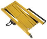 The yellow folding step stool, with black accents and a wheel on one leg, mirrors the versatile design of a Vestil Aluminum Expand-A-Gate Wall/Rack Mount. Its interconnected slats and side metal chain enhance mobility and compact storage like expandable solutions.