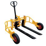 The Vestil All-Terrain Pallet Truck 2K 48 In Fork features a yellow hand truck with black forks, two red-rimmed black wheels, metal support frames, and a reliable black handlebar for easy lifting and transporting of heavy loads.