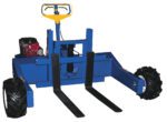 The Vestil All-Terrain Pallet Truck Gas 2K 48In is a sturdy, blue manual forklift with black forks, a yellow handle, large black tires, and a red and black engine for efficient use across various terrains.