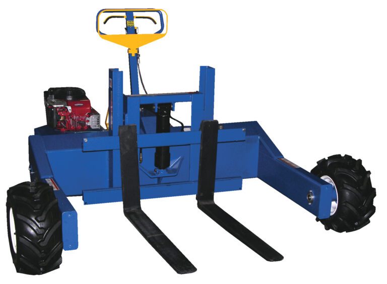 The Vestil All-Terrain Pallet Truck Gas 2K 48In is a sturdy, blue manual forklift with black forks, a yellow handle, large black tires, and a red and black engine for efficient use across various terrains.