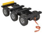 The Vestil All Terrain Six Wheel Dolly 1000 Lb Capacity features a durable design with six large rubber wheels, a robust black metal frame, a yellow handle, and an orange strap for easy maneuvering across various surfaces.