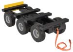 The Vestil All Terrain Eight Wheel Dolly features a 1400 lb capacity, sturdy black metal frame, eight large rubber wheels, yellow handle, and orange straps at each end for efficient heavy item transport.