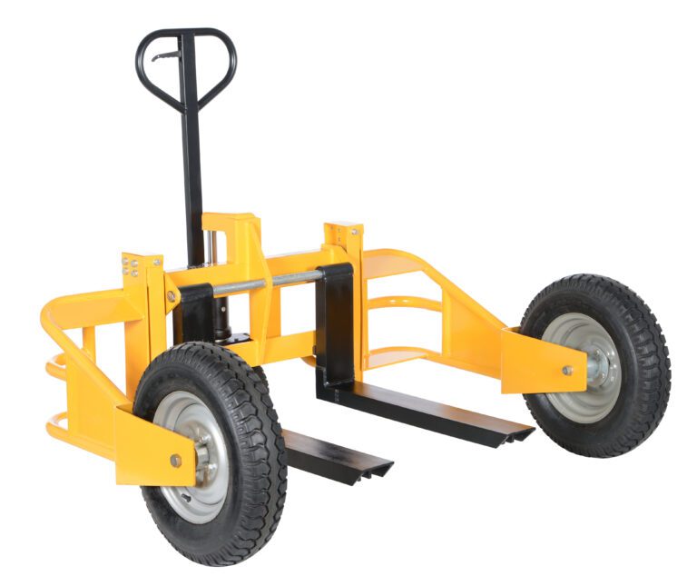 The Vestil All Terrain Pallet Truck Hd 2.5K 32 In has a yellow frame, black handle, and robust metal forks for efficient heavy item transport. Its large black wheels make it ideal for navigating diverse surfaces with ease.