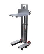 The Vestil Aluminum Lite Load Lift Foot Pump 24X20 is a metal hand truck with a 24x20 platform and two wheels, perfect for lifting and moving objects. It has a silver finish and vertical support mechanism, elegantly displayed against a white background.