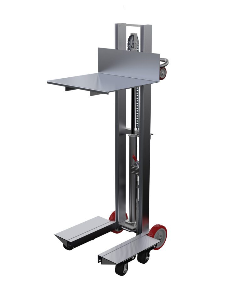 ALLH-2420-4SFL_A.jpg The Vestil Aluminum Lite Load Lift Foot Pump 24X20 is a metal hand truck with a 24x20 platform and two wheels, perfect for lifting and moving objects. It has a silver finish and vertical support mechanism, elegantly displayed against a white background.