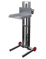 The Vestil Alum Low Profile Lift Steel Wheel 48.25 In features a metal U-shaped base, red wheels, a vertical support structure, and an adjustable platform with a gear mechanism; ideal for industrial lifting/moving up to 48.25 inches with precise steel wheels.