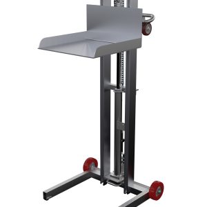 The Vestil Alum Low Profile Lift Steel Wheel 48.25 In features a metal U-shaped base, red wheels, a vertical support structure, and an adjustable platform with a gear mechanism; ideal for industrial lifting/moving up to 48.25 inches with precise steel wheels.
