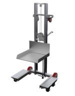 The silver mechanical hand truck, similar to the Vestil Alum Low Profile Lift Mold/Rubber 58 In, has a robust metal frame with red wheels and a lever. It includes two horizontal platforms ideal for lifting and transporting heavy items efficiently.