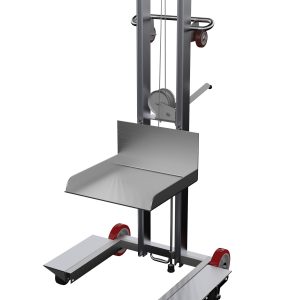 The silver mechanical hand truck, similar to the Vestil Alum Low Profile Lift Mold/Rubber 58 In, has a robust metal frame with red wheels and a lever. It includes two horizontal platforms ideal for lifting and transporting heavy items efficiently.
