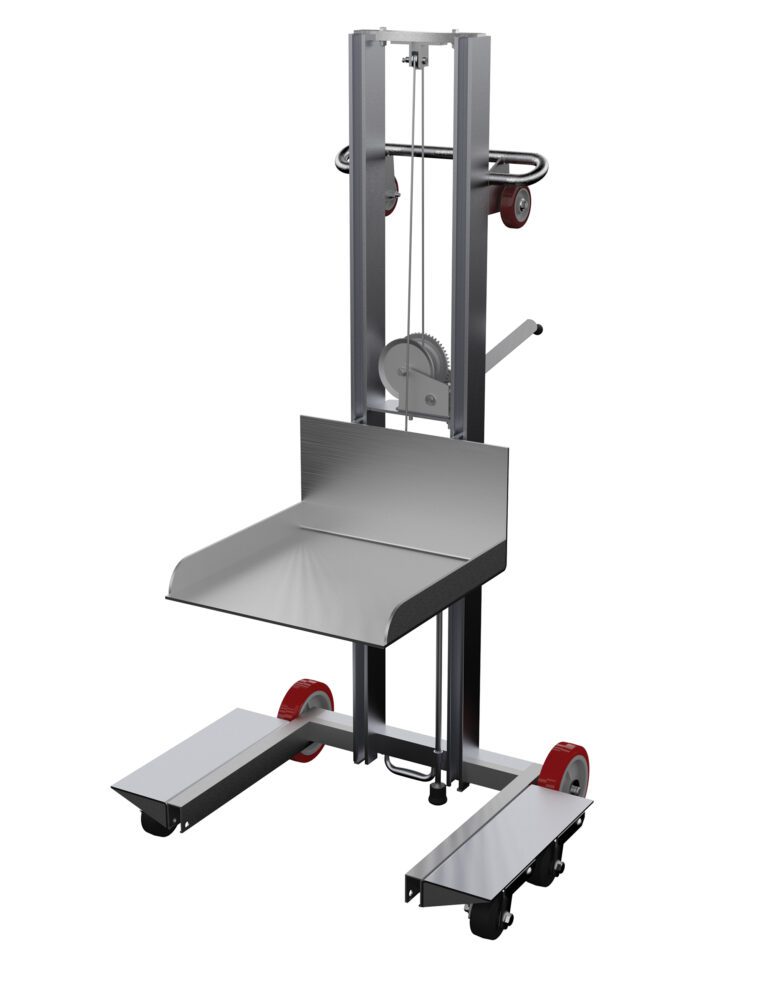 ALLPW-500-4SFL_A.jpg The silver mechanical hand truck, similar to the Vestil Alum Low Profile Lift Mold/Rubber 58 In, has a robust metal frame with red wheels and a lever. It includes two horizontal platforms ideal for lifting and transporting heavy items efficiently.