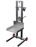 The Vestil Alum Low Profile Lift Steel Wheel 55 In is a manual stacker with a metallic frame and red wheels, designed for efficient material lifting. It features a hand crank, vertical support bars with pulleys, and is ideal for transporting items in warehouses.