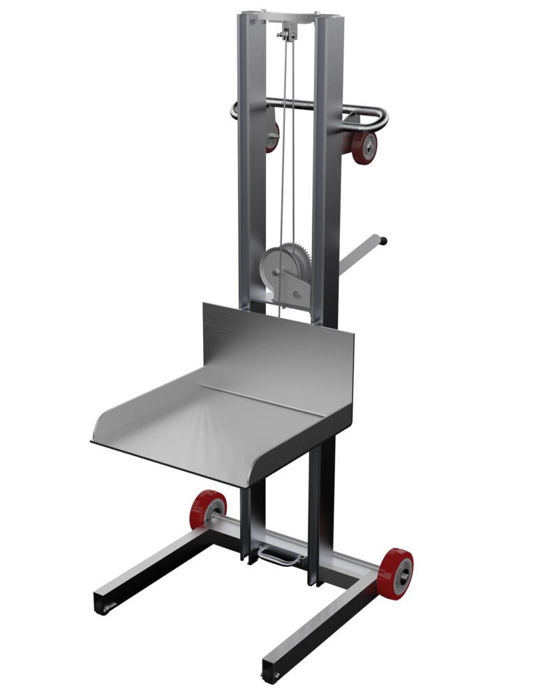 ALLPW-500-FW_A.jpg The Vestil Alum Low Profile Lift Steel Wheel 55 In is a manual stacker with a metallic frame and red wheels, designed for efficient material lifting. It features a hand crank, vertical support bars with pulleys, and is ideal for transporting items in warehouses.