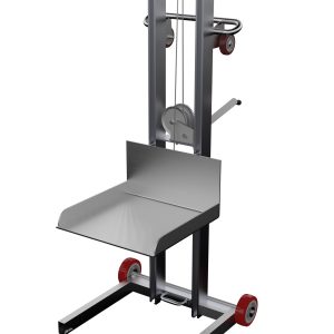 The Vestil Alum Low Profile Lift Steel Wheel 55 In is a manual stacker with a metallic frame and red wheels, designed for efficient material lifting. It features a hand crank, vertical support bars with pulleys, and is ideal for transporting items in warehouses.