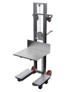 The Vestil Aluminum Lite Load Lift Winch 24X20 is a metal lifting trolley with a 24x20 flat platform, pulley system, two red wheels, and a rear handle, ideal for transporting heavy items in industrial settings.