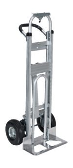 The Vestil Alum Convertible Hand Truck 20.5 X 51.5 is a versatile aluminum hand truck with foldable features, two large black wheels, and an adjustable black handle for easy transport and compact storage.