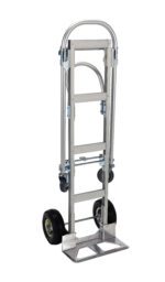 The Vestil Alum Convertible Hand Truck 20.5 X 62.25 has a metal construction, two wheels, and a folding handle. Its flat base plate is designed for heavy loads and stands upright against a white background.