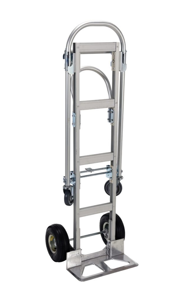 ALUM-CONV-B_A.jpg The Vestil Alum Convertible Hand Truck 20.5 X 62.25 has a metal construction, two wheels, and a folding handle. Its flat base plate is designed for heavy loads and stands upright against a white background.