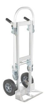 The Vestil Alum Convertible Hand Truck 20.5 X 51.5 Hr has a silver frame, two handles, large black and smaller gray wheels. Its sturdy, collapsible design makes it ideal for moving heavy objects with ease while upright.