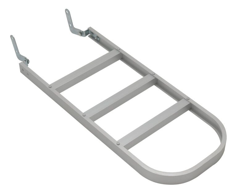 ALUM-EXT-1228_A.jpg A three-step silver metal ladder with hinged brackets, resembling the Vestil Alum Hand Truck Extension Option, features a curved bottom for secure surface attachment and enhanced accessibility.