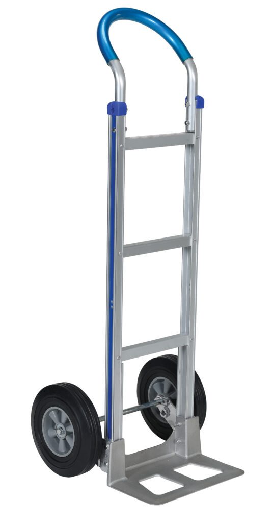 ALUM-LOOP-HR_A.jpg The Vestil Alum Loop Handle Hand Truck 18.5X49.25 has a stylish silver and blue frame with two black rubber wheels, a curved handle, four vertical bars, two crossbars, and a flat base for efficient item transport.