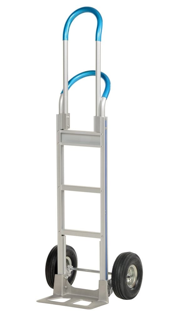 ALUM-LOOP-H_A.jpg The Vestil Alum Loop Handle Hand Truck 18 X 62.81, in blue and silver with a flat base and two black wheels, boasts an extendable handle and sturdy frame for easy transport of heavy or bulky items.