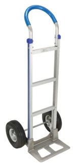 The Vestil Alum Loop Handle Hand Truck 18.5 X 49.25 has a silver frame, two black rubber wheels, and a blue handle. Its upright design features three crossbars and a flat metal base for easy item lifting.