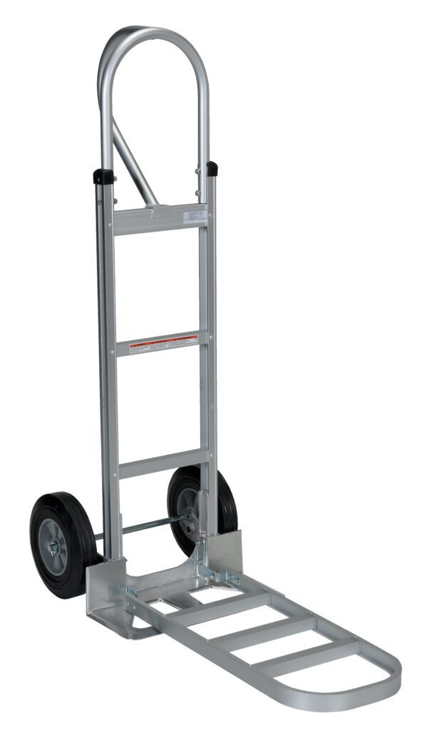 ALUM-P-HR_A.jpg The Vestil Alum P-Handle Hand Truck Hard Rubber features a tall handle, robust silver frame, and two large black hard rubber wheels with a flat extended platform ideal for easily transporting heavy items.