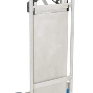 The Vestil Hand Truck W/Folding Platform Blue Wheel features large blue rubber wheels and a silver frame with a bent handle for easy grip, offering practicality and efficiency.