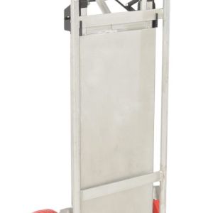 The Vestil Hand Truck W/Folding Platform Red Wheel has a tall, sleek silver frame and two distinctive red wheels.