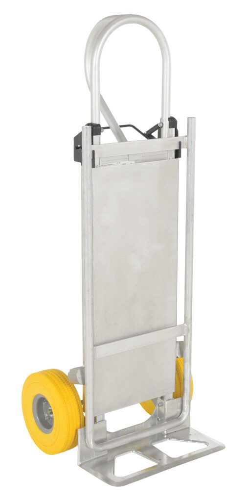 ALUM-P-TB-UFYL_A.jpg The Vestil Hand Truck W/Folding Platform Yel Wheel features a curved handle, bright yellow wheels, a solid rectangular back, and a flat folding base, making it perfect for versatile hauling tasks.