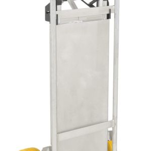 The Vestil Hand Truck W/Folding Platform Yel Wheel features a curved handle, bright yellow wheels, a solid rectangular back, and a flat folding base, making it perfect for versatile hauling tasks.