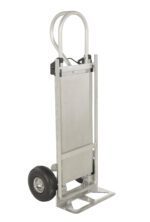 The Vestil Hand Truck W/Folding Platform Pneumatic offers a silver finish, two black wheels, and a foldable nose plate. With its curved handle, this sturdy hand truck is ideal for effortlessly transporting heavy items.